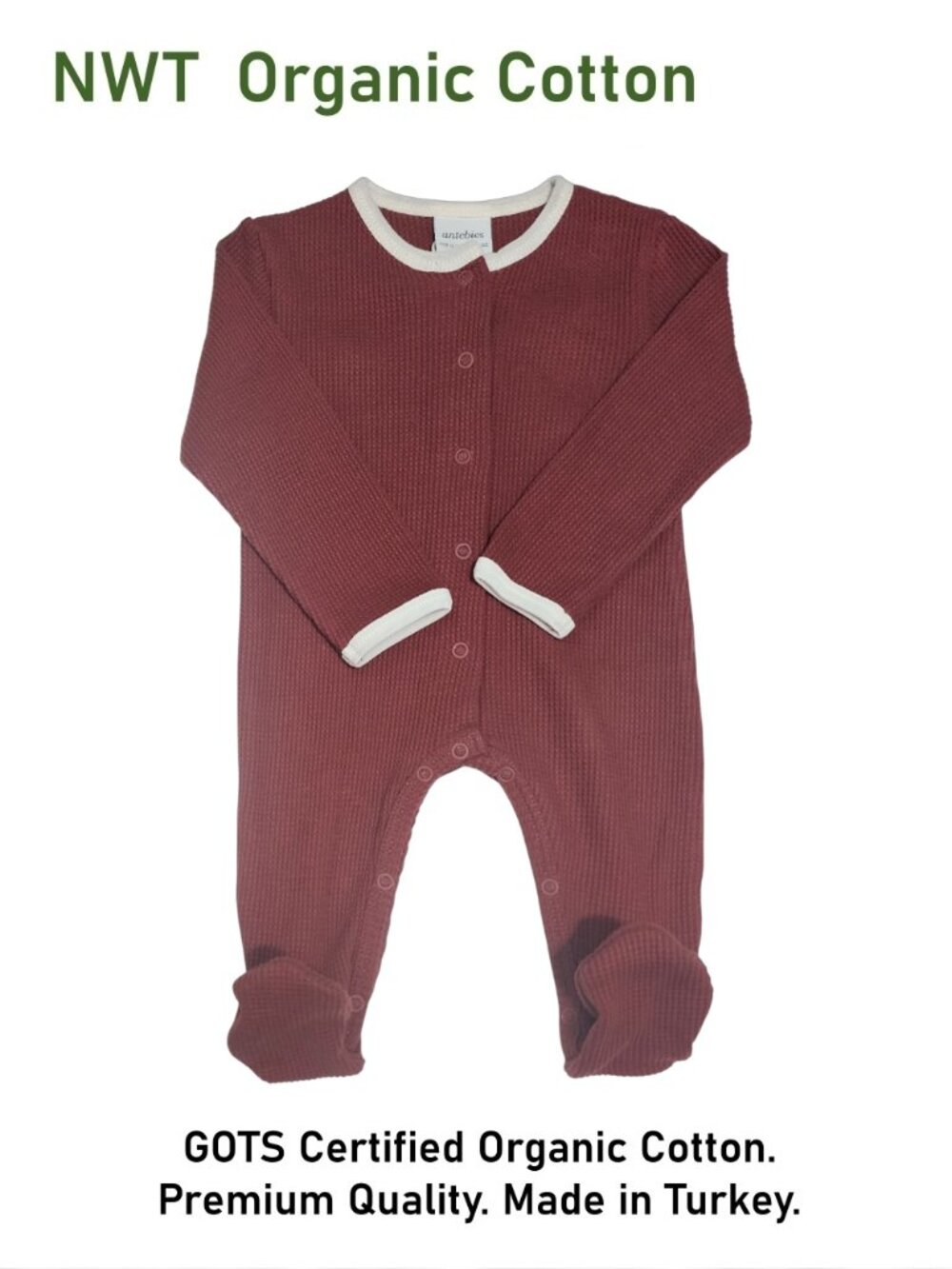 Antebies Organic Cotton Contrast Burgundy Waffle Footie size 0/3M